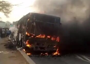 Panic As BRT Bus Catches Fire Suddenly In Lagos (Video)
