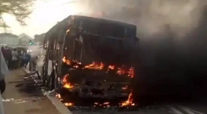 Panic As BRT Bus Catches Fire Suddenly In Lagos (Video)